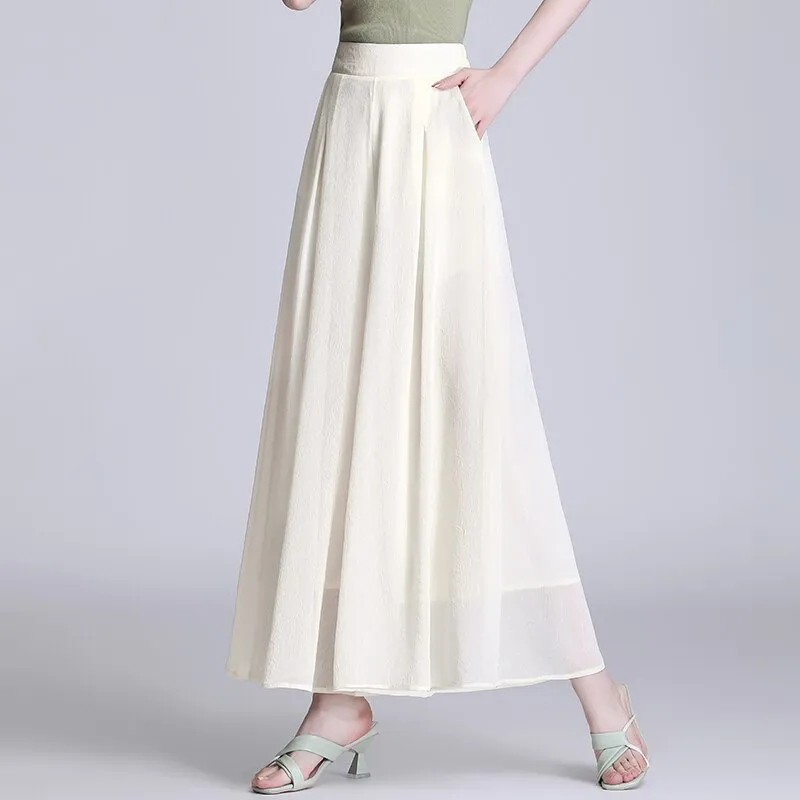 Women Culottes Loose Pant  Wide-Leg Ladies  Fashion  Elastic High-Waist Plus-Size Elegant Vintage Casual Chiffon  Trouser  Pant