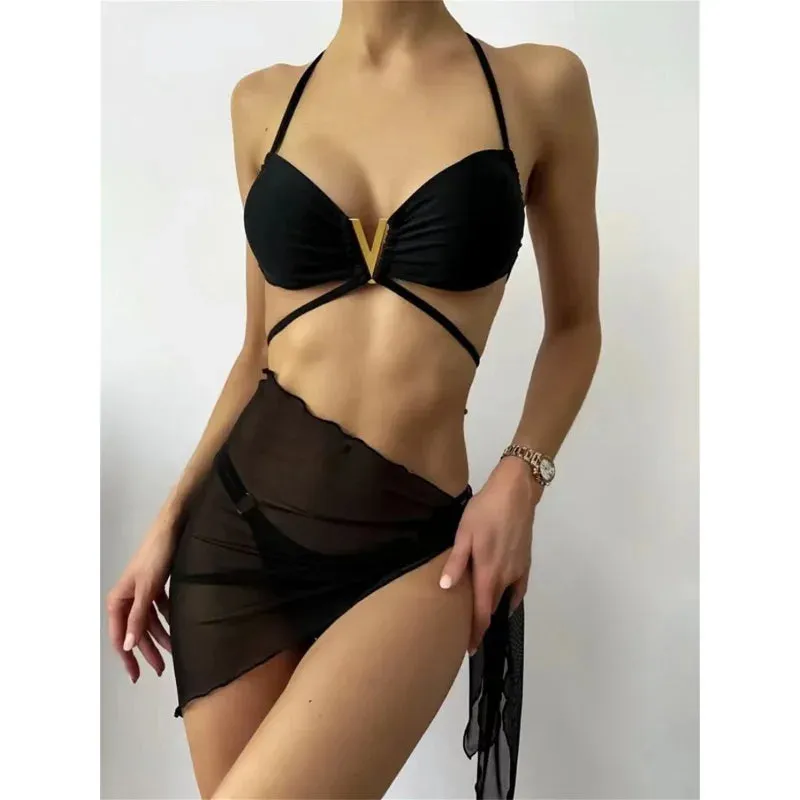 Women's Solid Black Bandage Halter Cross Mesh Skirt 3 Piece Bikini Set