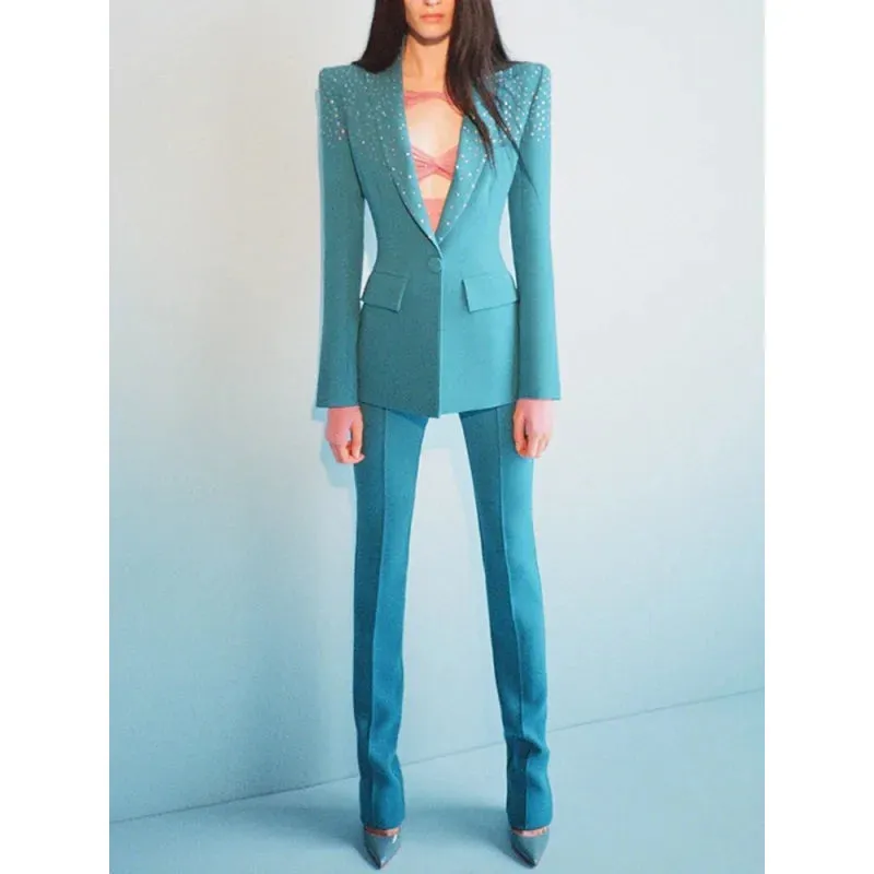 Women's Solid Mid-Waist Non-Strechy Single Button Blazer Pants Two-Piece Suit