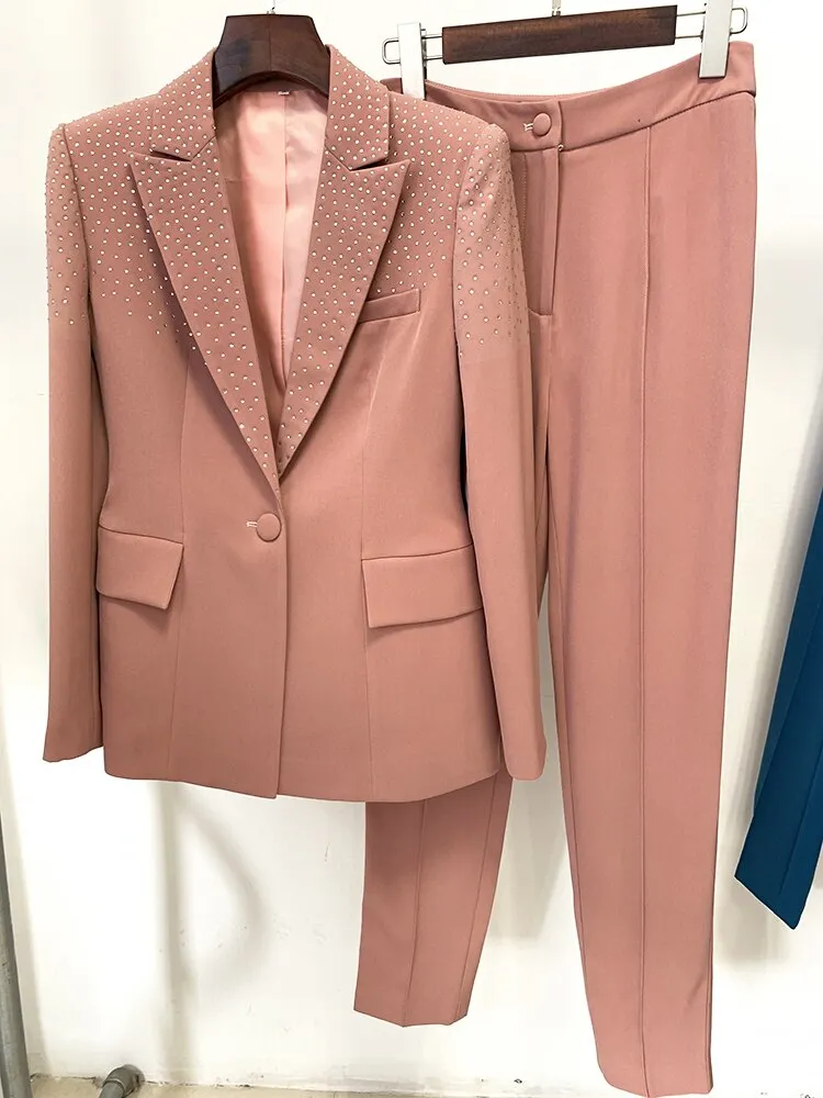 Women's Solid Mid-Waist Non-Strechy Single Button Blazer Pants Two-Piece Suit