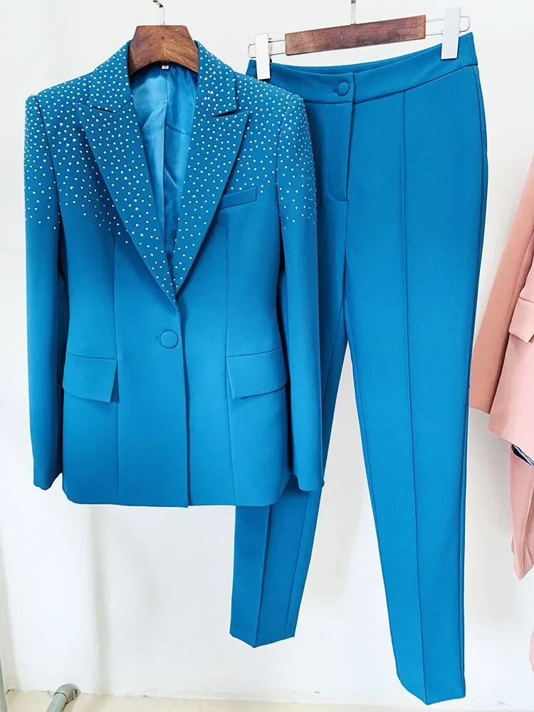 Women's Solid Mid-Waist Non-Strechy Single Button Blazer Pants Two-Piece Suit