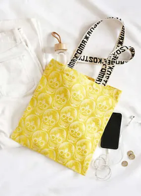 Xander Kostroma 100% Cotton Canvas Sunshine Yellow Skull Print Tote Bag